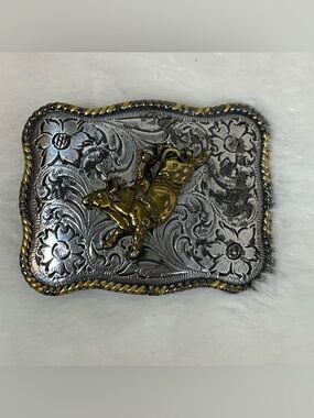 Vintage Nocona Chrome & Brass Bronc Bull Riding Buckle
